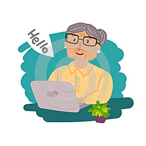 Happy grandma with laptop. Hand drawn beautiful vector illustration with grandmother.