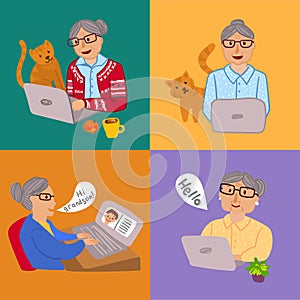 Happy grandma with laptop. Hand drawn beautiful vector illustration with grandmother.