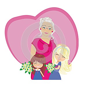 Happy Grandmas Day - happy grandmother hugs her granddaughters