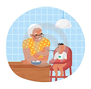 Happy grandmother feeding grandson sitting in baby chair, flat vector illustration. Grandparent grandchild relationships