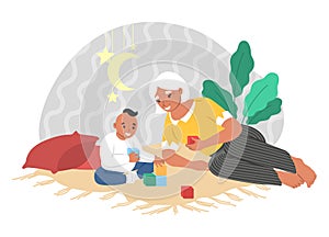 Happy grandmother playing with grandson sitting on carpet, vector illustration. Grandparent grandchild relationships.