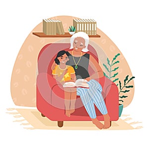 Happy grandmother reading book with granddaughter, flat vector illustration. Grandparent grandchild relationships.