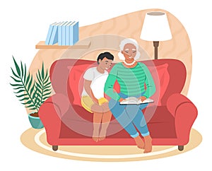 Happy grandmother reading book with grandson, flat vector illustration. Grandparent grandchild relationships.