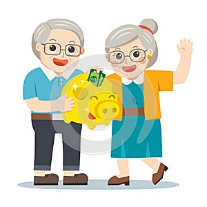Happy Grandpa and grandma standing together with gold piggy bank.