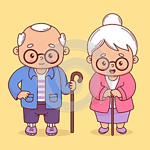 Happy grandparents. Cute elderly grandmother and gray-haired man with glasses with stick. Vector illustration. Isolated