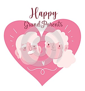 Happy grandparents day, cute old couple faces in love heart cartoon card