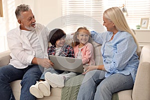 Happy grandparents spending time with grandchildren at home