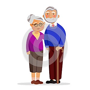 Happy granny and grandpa standing together and hugging. Aged people isolated on white background. Grandmother and