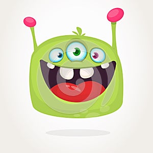 Happy green cartoon alien with three eyes. Halloween vector illustration