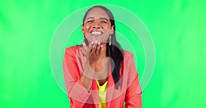 Happy, green screen and woman blowing a kiss for love, romance or flirting expression. Happiness, smile and young female