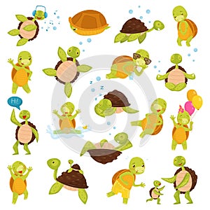 Happy Green Turtle with Cute Snout Engaged in Different Activity Big Vector Set