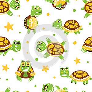 Happy Green Turtle with Shell Vector Seamless Pattern