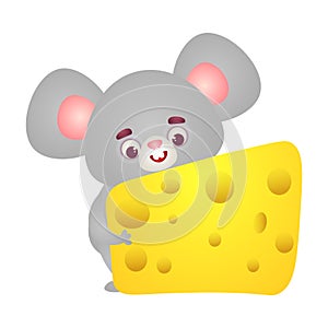 Happy grey mouse character with big ears holding in paws yellow cheese slice. Vector illustration in the flat cartoon