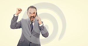 happy grizzled business man in suit speaking on phone isolated on white copy space, business success