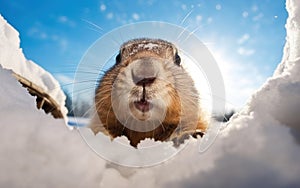 Happy groundhog day banner. Cute groundhog comes out of a snowy hole after hibernation, backlight, blue sky, sunny. AI Generative