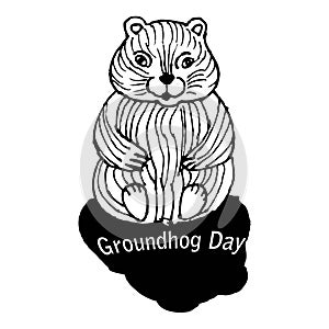 Happy groundhog day black and white drawing, groundhog and his tenvector, isolate, illustration