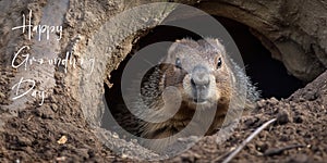 Happy Groundhog Day - Cute groundhog waking up and coming out of his burrow to check the weather