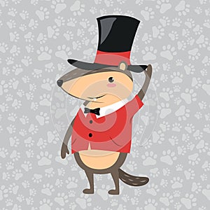 Happy Groundhog Day design with cute marmot marmots in black cylinder on head and bow tie, prediction of weather, animal