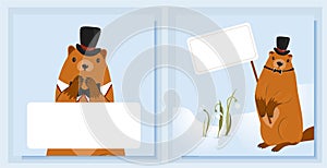 Happy groundhog day design with cute marmots. Marmot or beaver wild animal relax on nature vector illustration. Funny character.