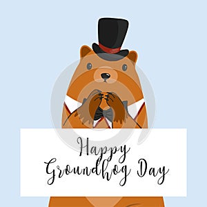 Happy Groundhog Day greeting card. Happy marmot Day Typographic Vector Design with Cute Groundhog Character - Advertising Poster