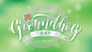 Happy Groundhog Day. Hand drawn lettering text with cute groundhog. 2 February. Vector illustration photo