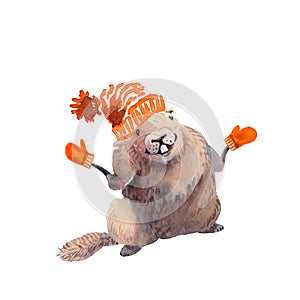 Happy Groundhog Day - hand drawn watercolor illustration character card groundhog