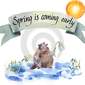 Happy Groundhog Day - hand hand drawing watercolor card groundhog