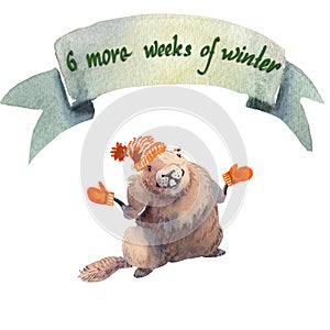 Happy Groundhog Day - hand hand drawing watercolor card groundhog