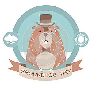 Happy groundhog day label isolated on white