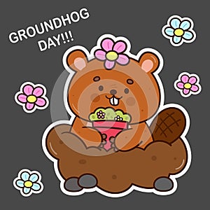 Happy Groundhog Day nature with flower pot kawaii sticker. Cute woodland animals (Woodchuck cartoon) photo