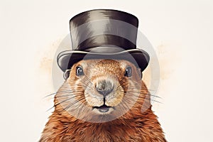 Happy Groundhog Day! Portrait of a groundhog in a hat on a white background