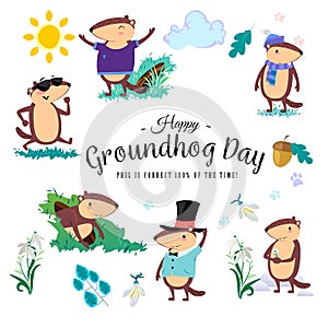 Happy Groundhog Day set, cute marmot in cylinder holds flower - white snowdrop, prediction of weather, animal climbed