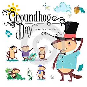 Happy Groundhog Day set, cute marmot in cylinder holds flower - white snowdrop, prediction of weather, animal climbed