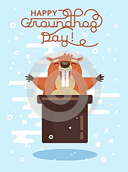 Happy Groundhog Day! Vector colorful banner with cute marmot and its shadow