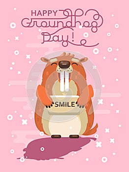 Happy Groundhog Day! Vector colorful greeting card with cute marmot and its shadow