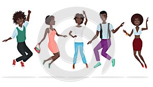 Happy group of african american teamwork friends jumping. Cartoon jump black people character vector illustration.