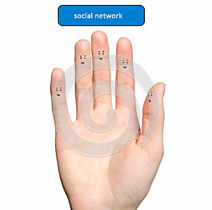 Happy group of finger smileys. Fingers representing a social net