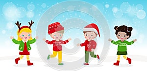 Happy group kids playing in the snow outdoor in winter fun, merry christmas poster Cartoon characters flat design isolated