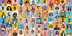 Happy group of multicultural men and women posing over bright backgrounds