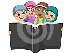 Happy group of Muslim boys and girls reading big book together isolated on white