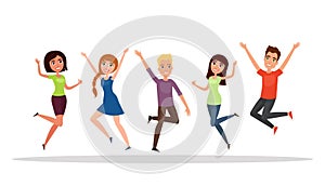 Happy group of people, boy, girl jumping on a white background. The concept of friendship, healthy lifestyle, success. Vector illu