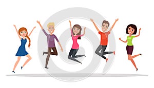 Happy group of people, boy, girl jumping on a white background. The concept of friendship, healthy lifestyle, success. Vector illu