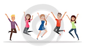 Happy group of people, boy, girl jumping on a white background. The concept of friendship, healthy lifestyle, success. Vector illu