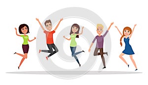 Happy group of people, boy, girl jumping on a white background. The concept of friendship, healthy lifestyle, success. Vector illu