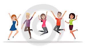 Happy group of people, boy, girl jumping on a white background. The concept of friendship, healthy lifestyle, success. Vector illu