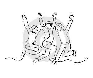 Happy group of people jumping, continuous one line drawing. Friendship women, team work, healthy lifestyle, success