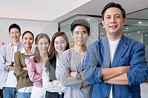 Happy Group portrait of young asian businesspeople standing indoors in office, looking at camera.Successful and confident business