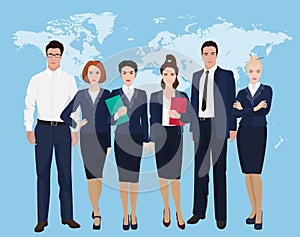 Happy group of a professional business team standing over on world map background.