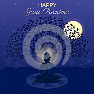 Happy Guru Purnima Gautama Buddha, Bodhi Tree, Moon, Night Sky, silhouette, stars, Mandala. Traditional Festival Poster Banner
