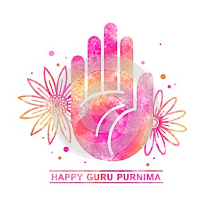 Happy Guru Purnima watercolor greeting card with blessing palm